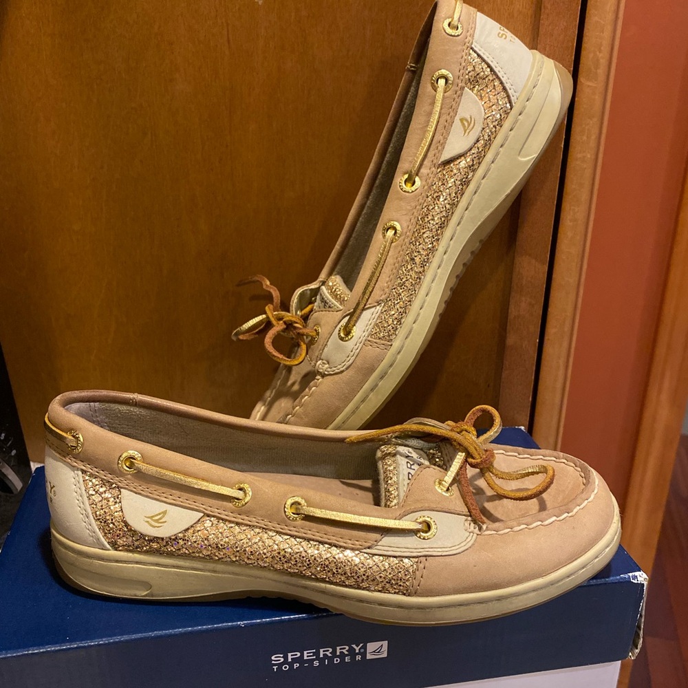 Sperry Women's Angelfish Linen/Gold Glitter Top Sider Leather Loafers